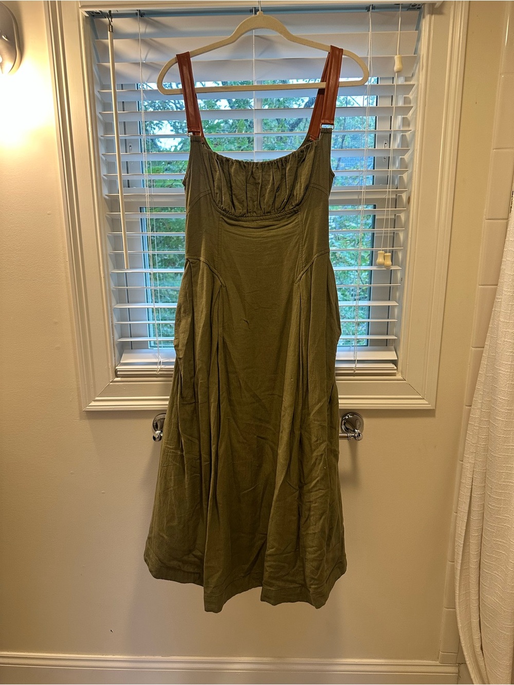 Anthropologie Olive Green Midi Dress with Brown Straps